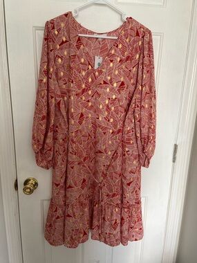 Skies Are Blue Red Printed Long-Sleeve Midi Dress with Yellow Accents
